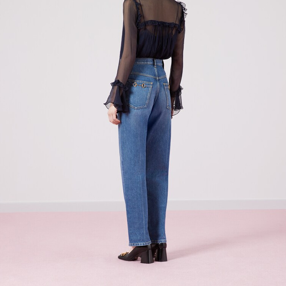 Джинсы женские Gucci Horsebit Straight-leg, с металлической заклепкой, синий — фото 3