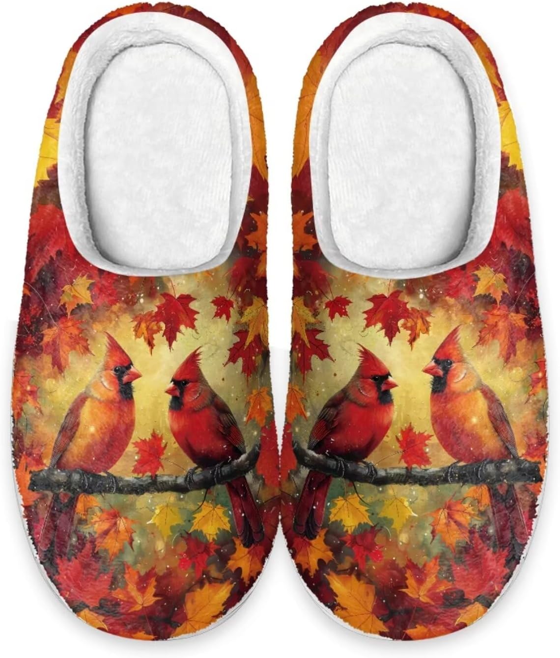 

Xoenoiee Мужские и женские теплые пушистые тапочки для спальни, домашние тапочки, противоскользящие зимние домашние тапочки, Cardinal Birds Maple Leaf