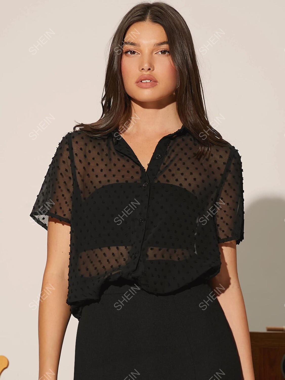 

Essnce Рубашка, круглые точки, шифон, без верха Shein, черный