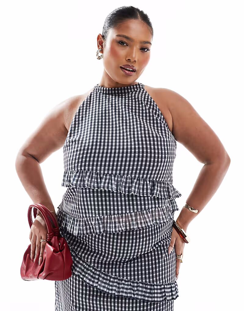 

Эксклюзивный асимметричный топ без рукавов с рюшами и воротником-халтер Plus в серую клетку Renee Studio