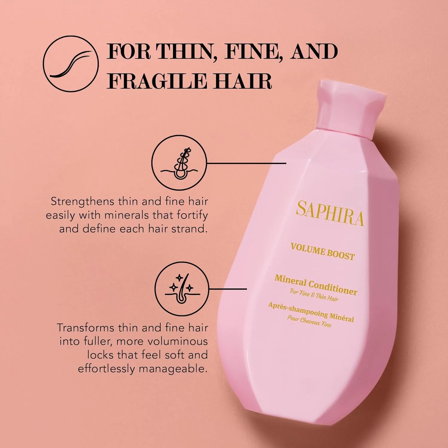 Минеральный кондиционер Saphira Volume Boost с минералами Мертвого моря - легкий кондиционер для придания объема тонким и редким волосам - объем и подъем - профессиональный уход за волосами 250 мл 251 мл (1 шт.) — фото 2
