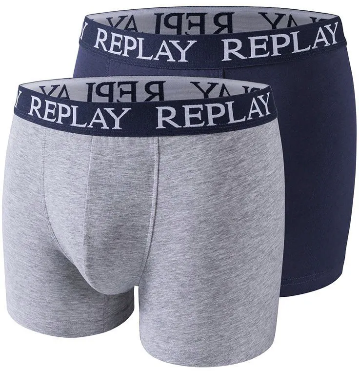 

Трусы-боксеры Replay "BOXER Style 01/C Basic Cuff Logo 2pcs Box" (2 шт. в упаковке), с надписью логотипа на эластичном поясе, цвет Grau / Blau