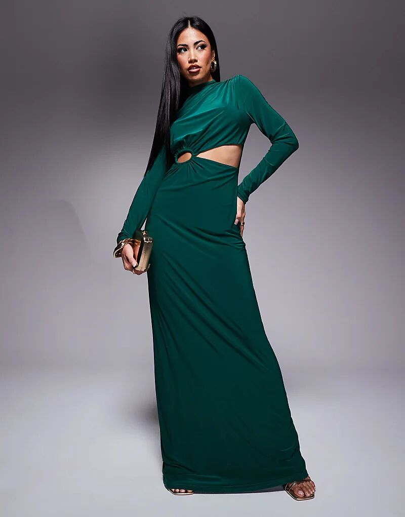 

Платье макси с высоким воротом, длинными рукавами и объемной золотой отделкой бутылочно-зеленого цвета ASOS DESIGN