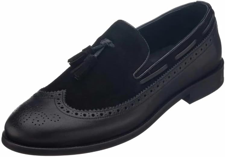 

Мужские лоферы DALGALA черного цвета из телячьей кожи анилиновой выделки и замши, ручная работа, размер King, с кисточками и крыльчатым узором