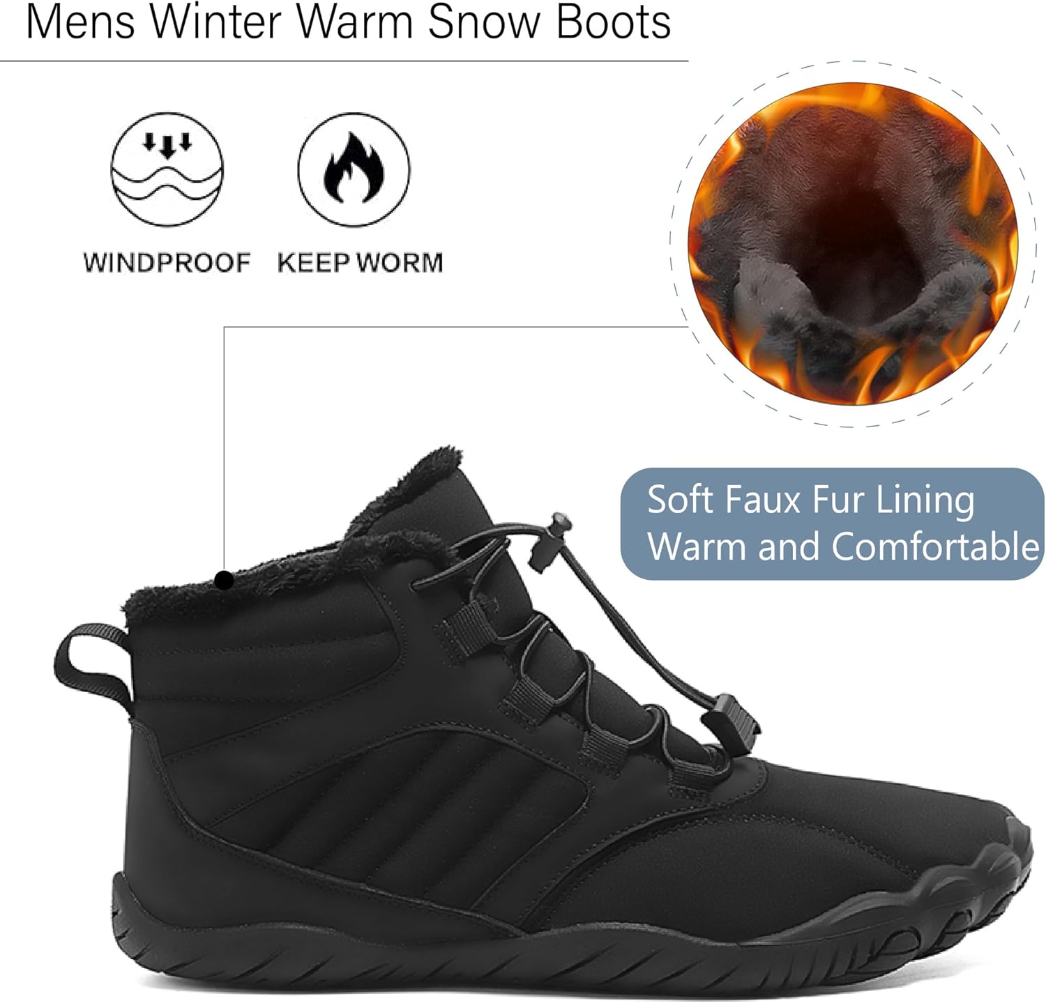 Зимние теплые ботинки Asifn Mens Barefoot с меховой подкладкой для походов, минималистичные, водонепроницаемые, противоскользящие хлопковые обувь, черный — фото 2