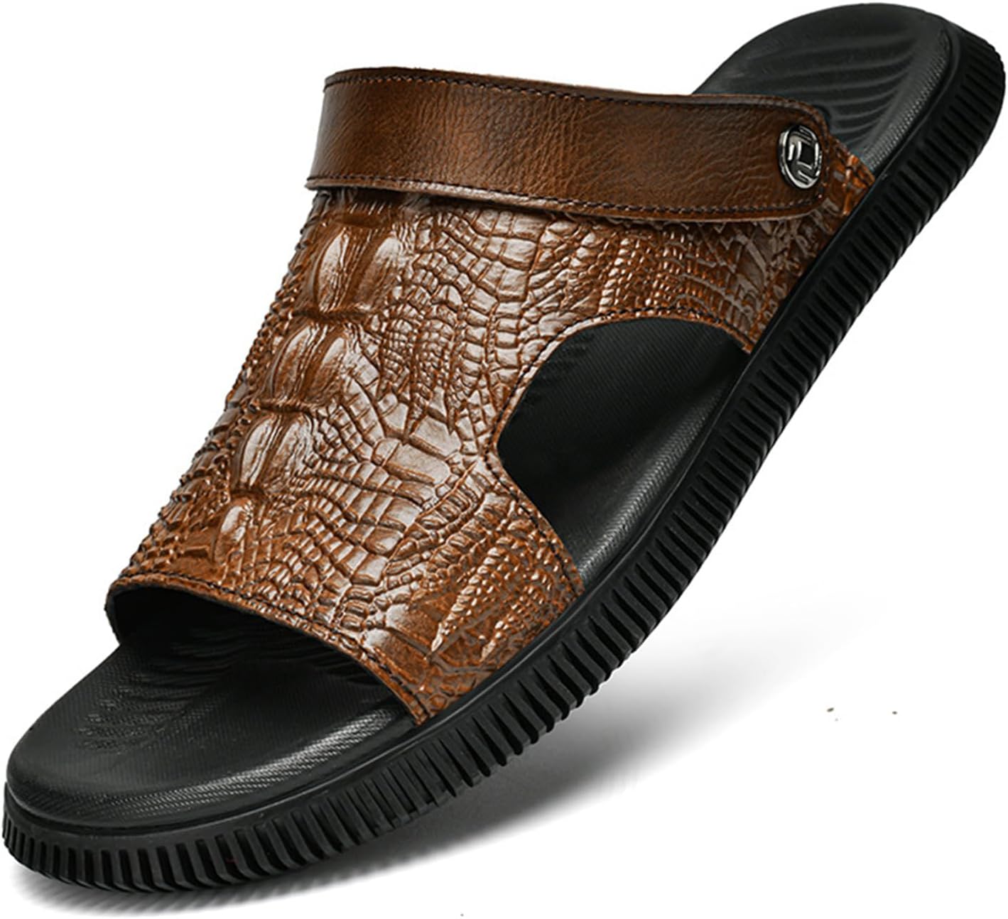 

Мужские сандалии ENJGU из натуральной кожи, модные, классическая печать, с открытым носком, ремешки на пятке, на плоской подошве, пляжные, нескользящие, мягкие и удобные шлепанцы, коричневый