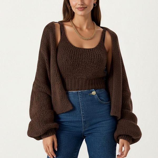 

Женский комплект из топа и кардигана с рифленой текстурой, круглым вырезом и длинными рукавами Anna-Kaci