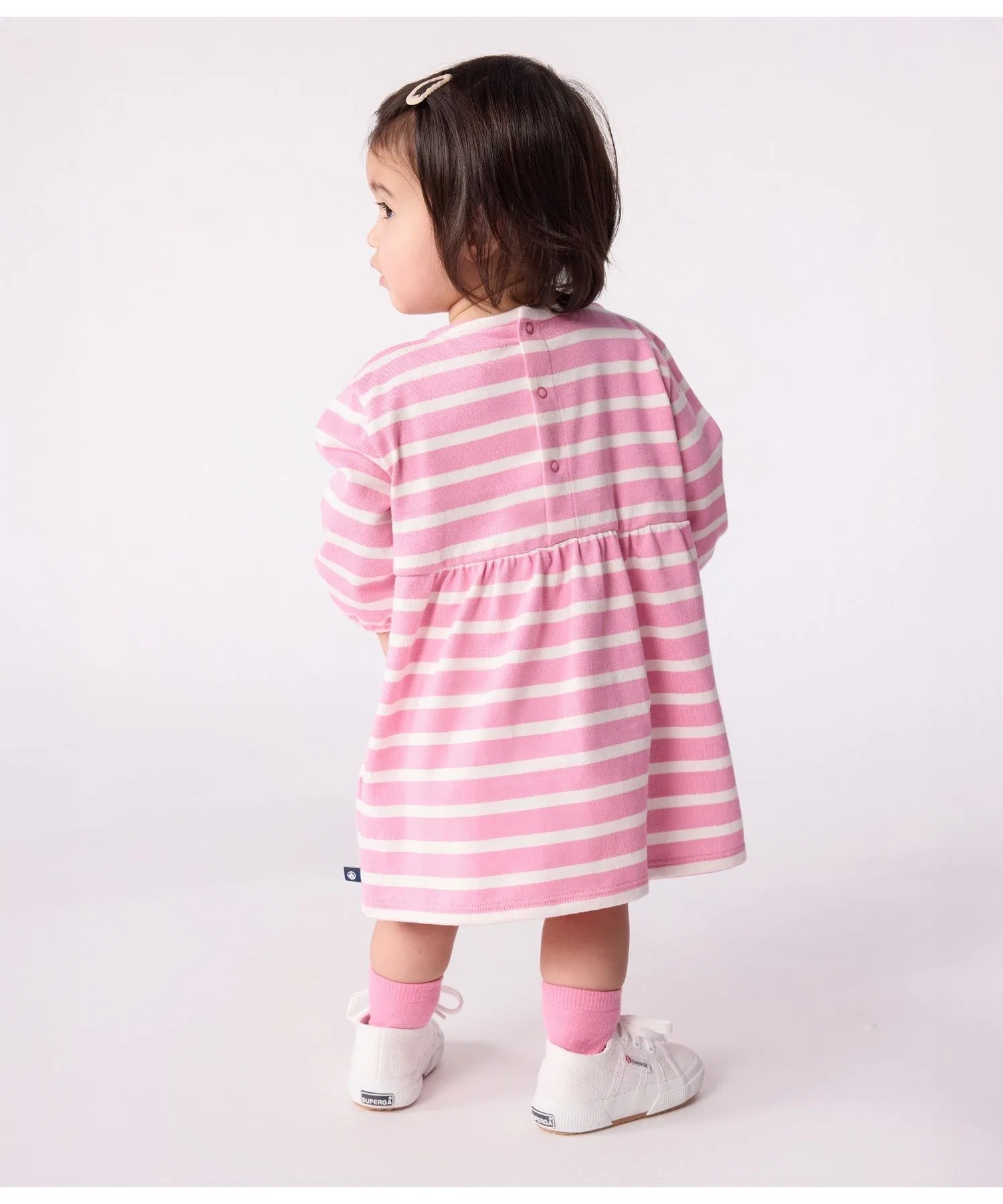 Детское платье в полоску с оборками Petit BATEAU бело-розовое — фото 2