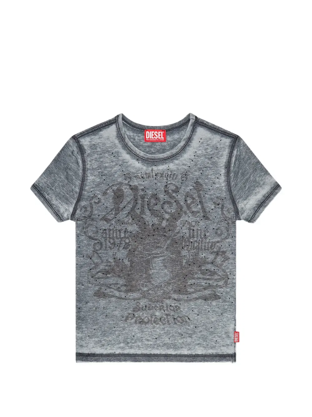 Футболка с выжженным рисунком, украшенная стразами Diesel, серый