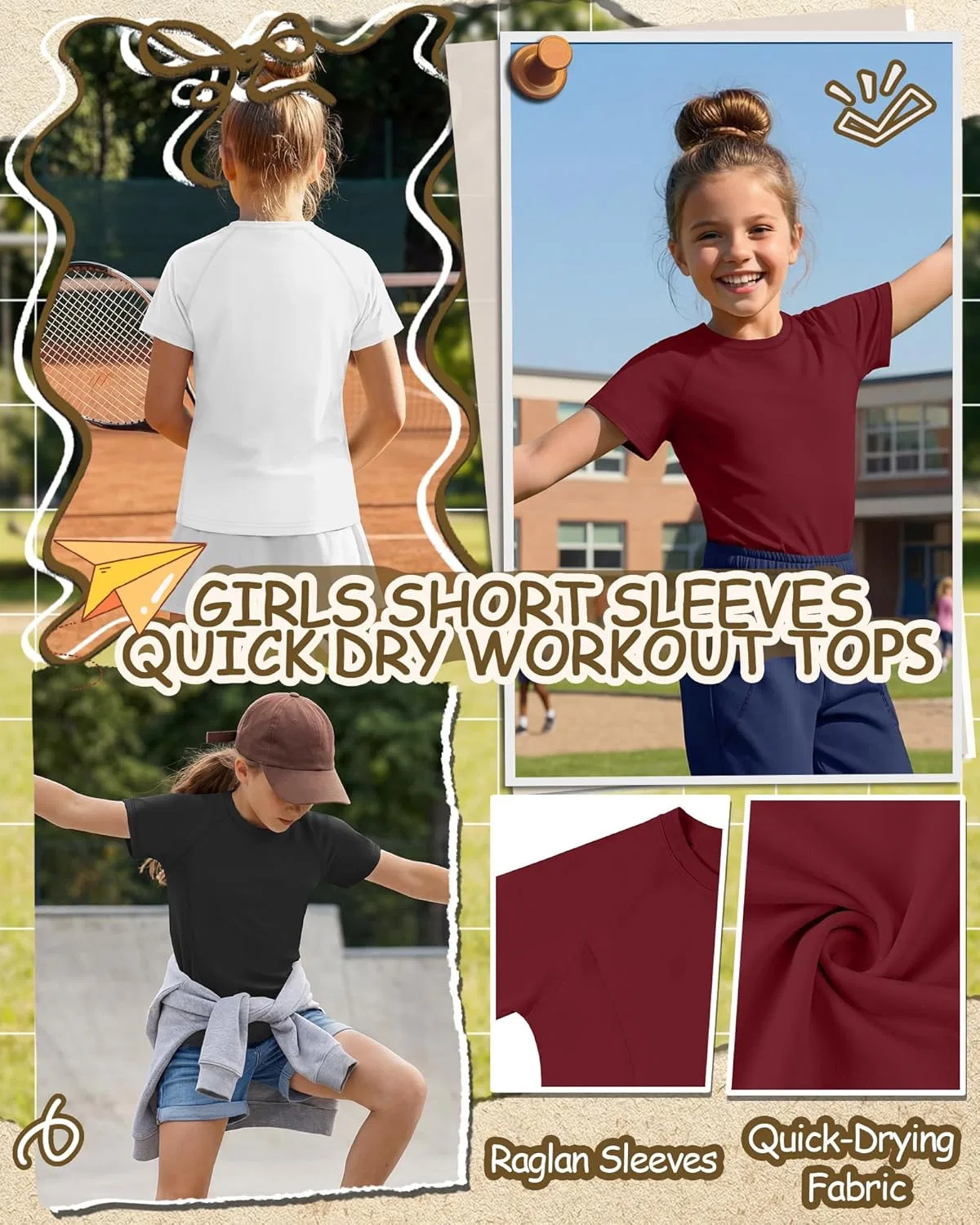 Детские спортивные футболки, 4 шт, LessonZoo, Wine Red, Navy Blue, White, Black — фото 2