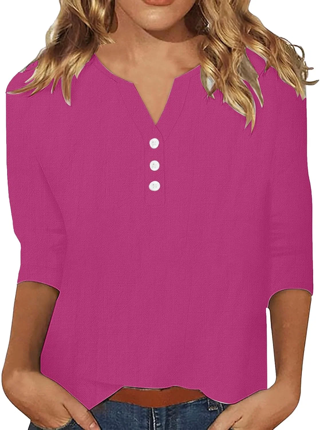 Блуза с 3/4 рукавом, хлопок и лен, Hot Pink
