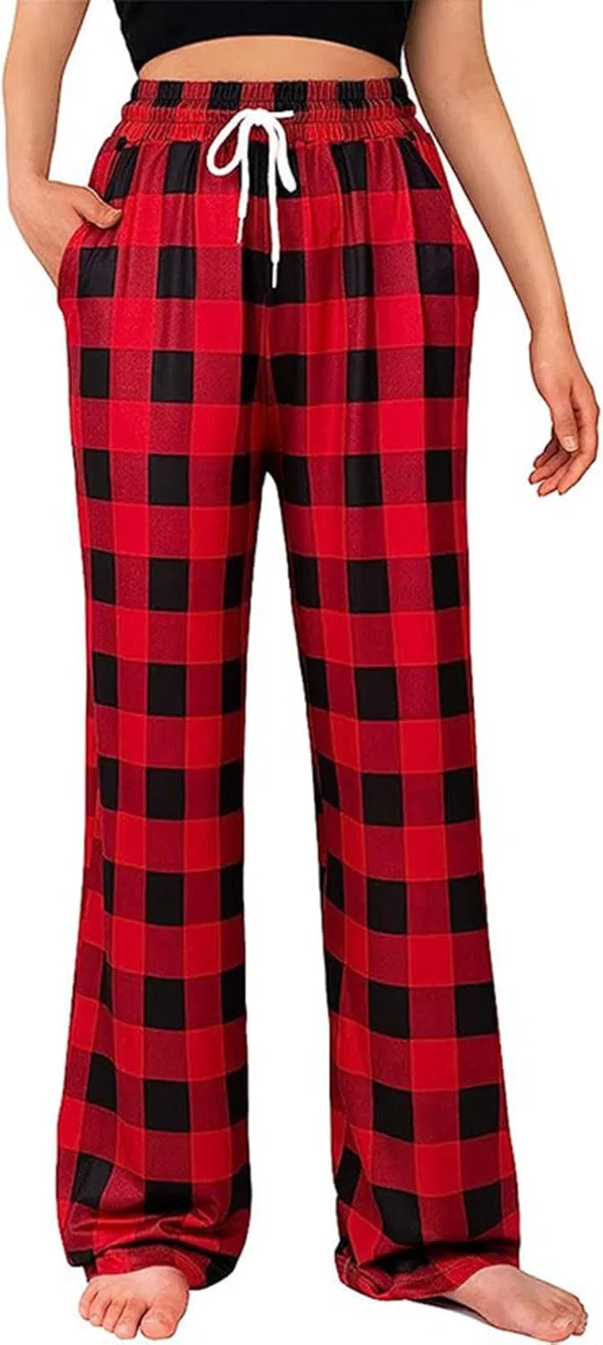 Пижамные брюки женские широкие с принтом Buffalo Plaid, на резинке и шнурке, красный