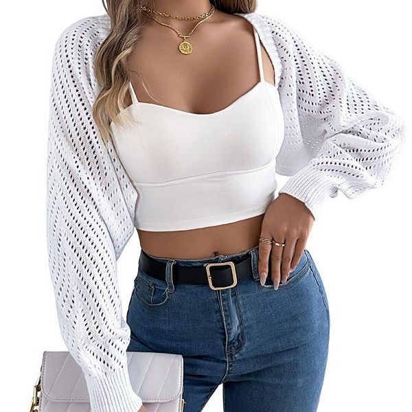 

Женский кардиган с ажурными рукавами-фонариками и открытой передней частью Yesfashion, White