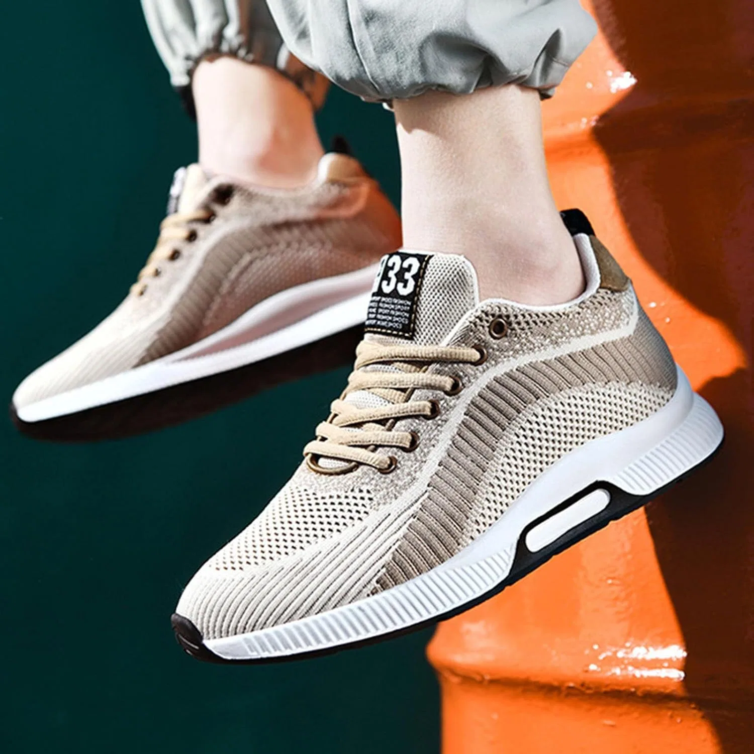 Кроссовки Paar Herrenschuhe mit Erhöhung, lässige Mesh-Sneaker, leichte, atmungsaktive Sportschuhe zum Schnüren mit verstecktem Hebeabsatz für Männer, 6 cm Generic, Khaki — фото 4