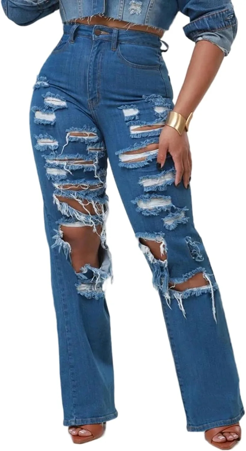 

ZonJie джинсы для женщин High Waist Wide Leg с эффектом потертости и рваным краем