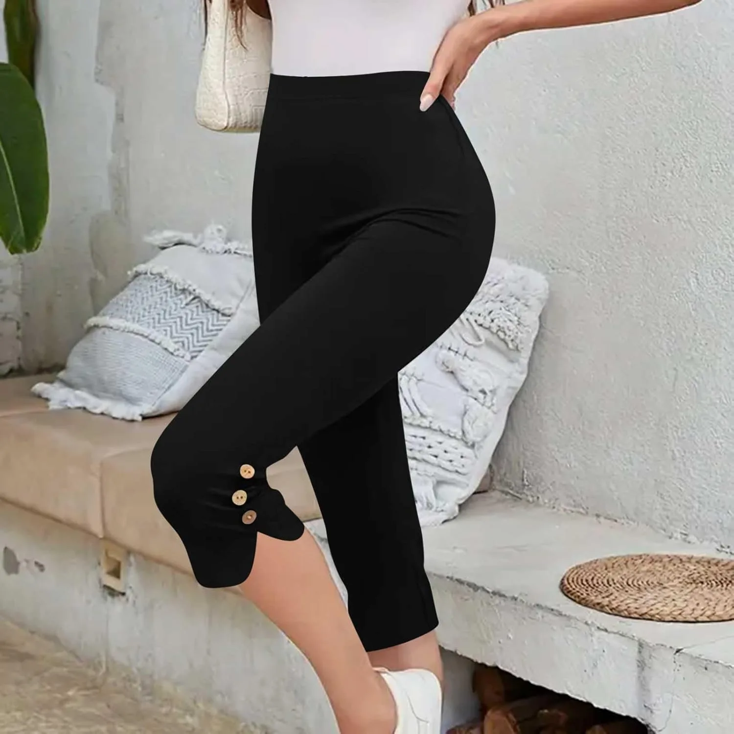 Капри-леггинсы для женщин с эффектом контроля живота, высокие, plus size, летние, для тренировок и йоги, эластичные Generic, черный — фото 4