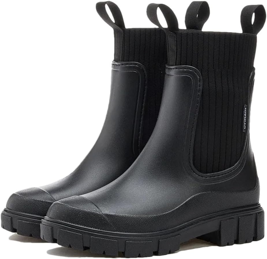 

Мужские сапоги до середины икры с низким голенищем, с PVC, с круглым носком, резиновые дождевые ботинки, водонепроницаемые платформенные сапоги Generic, черный