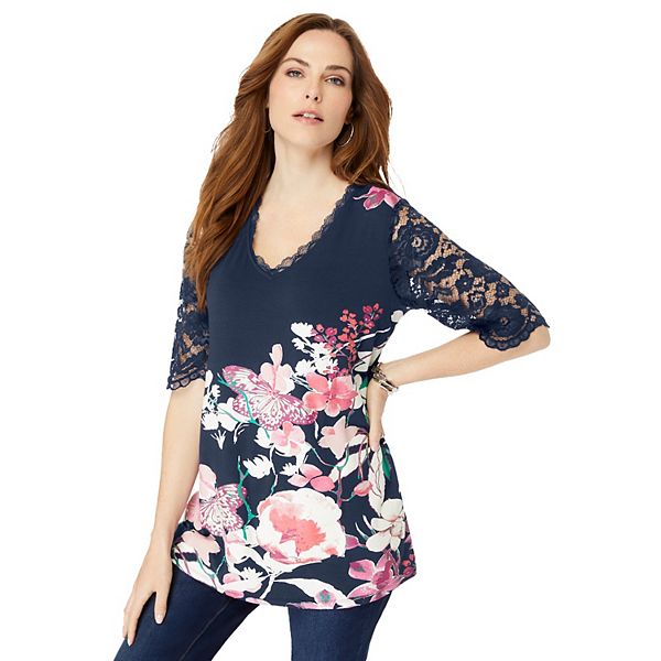 

Женская футболка с кружевными рукавами и принтом, plus size Roaman'S, Navy Butterfly Garden