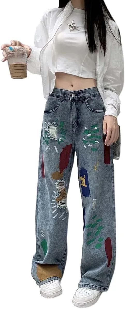 

MLAFE прямые джинсы с потертостями для женщин, цветной граффити, хип-хоп, широкие