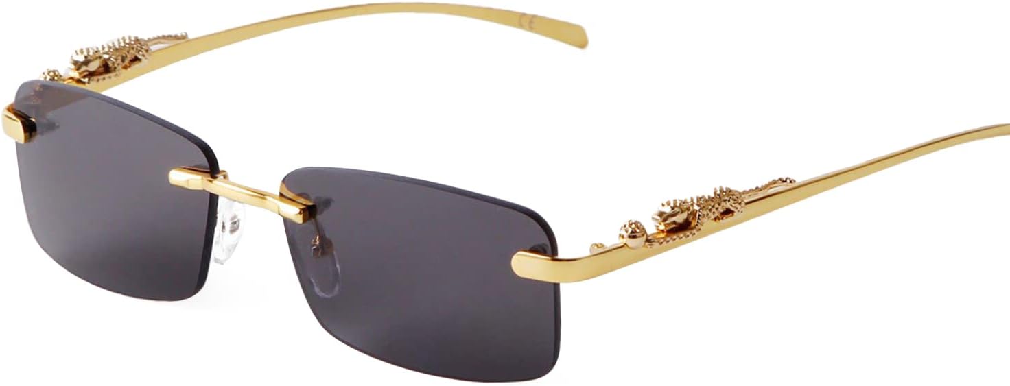 

ADE WU Винтажные солнцезащитные очки без оправы в стиле ретро, ​​роскошные, золотистая металлическая безрамочная модель, прямоугольные солнцезащитные очки с цветными линзами, Gold/Dark Grey