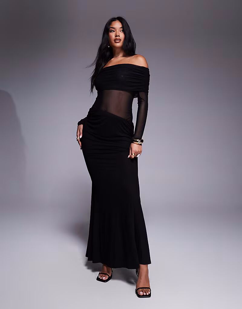 

Платье макси с сетчатым принтом бардо и вырезами по бокам, черное Aria Cove