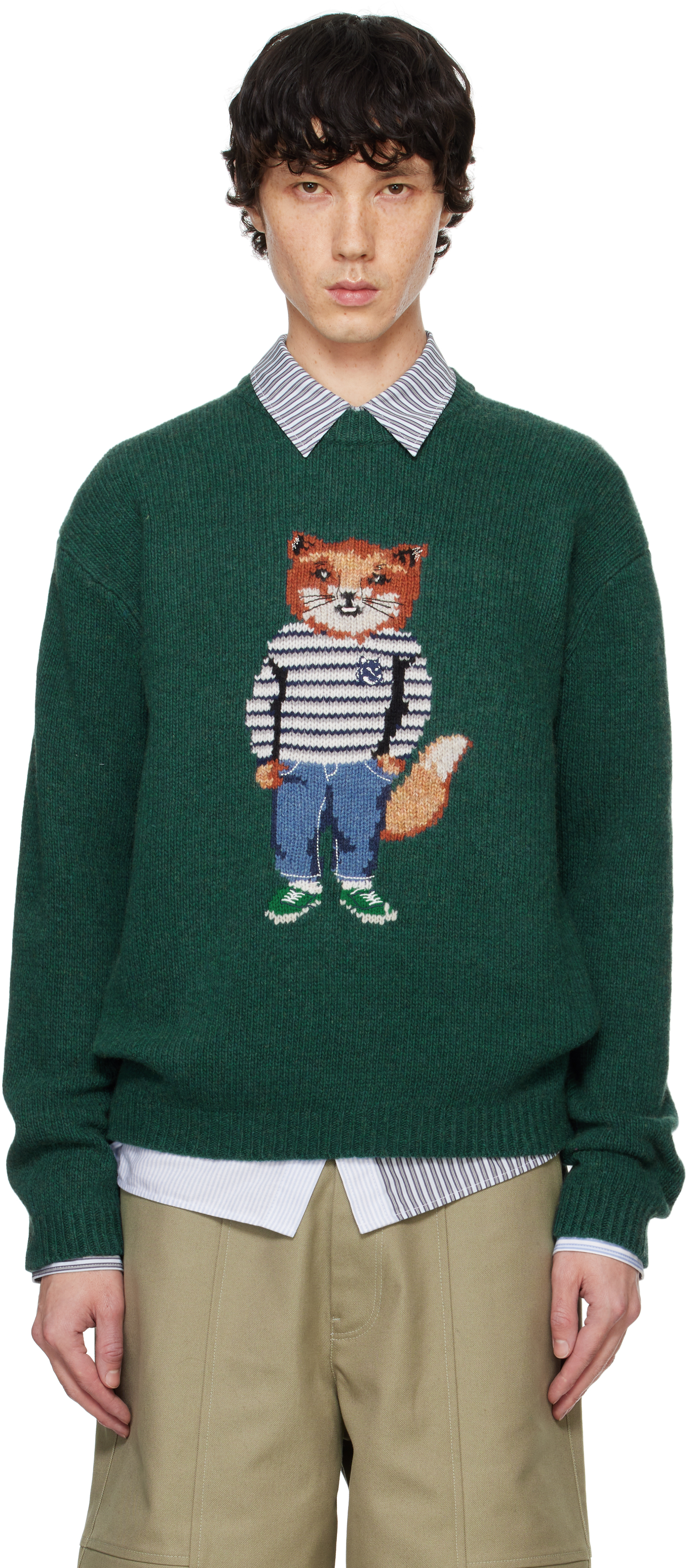 

Зеленый свитер с рисунком лисы в технике интарсия Maison Kitsune, Pine