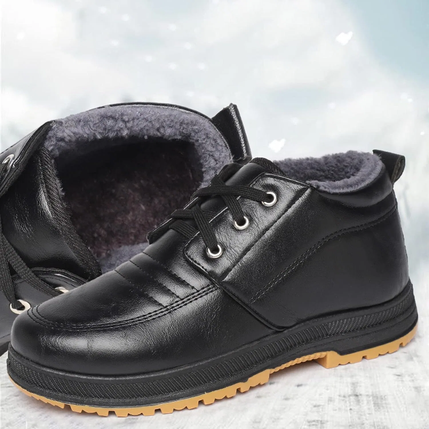 Туфли wasserdichte Herrenstiefel, Herrenschuhe, Winter, lässige Lederschuhe mit Samt und dicken, flachen, rutschfesten Schnür-Schneestiefeln, wasserdichte Herrenstiefel Generic, Schwarz — фото 4