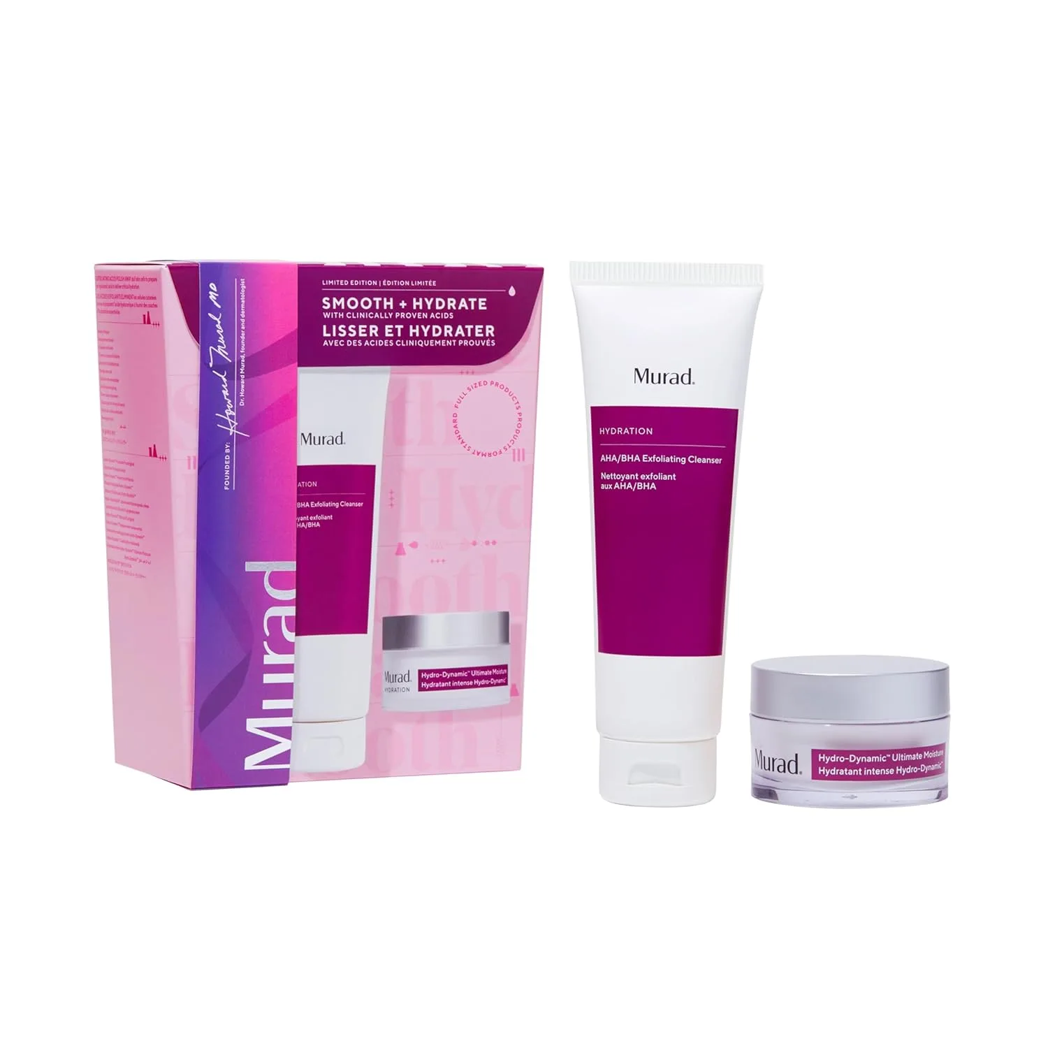 Murad Smooth + Hydrate - набор из 2 полноразмерных средств  - отшелушивающие кислоты для обновления тусклой кожи и интенсивного увлажнения - очищающее средство с AHA/BHA 150 мл, увлажняющий крем Hydro-Dynamic 50 мл