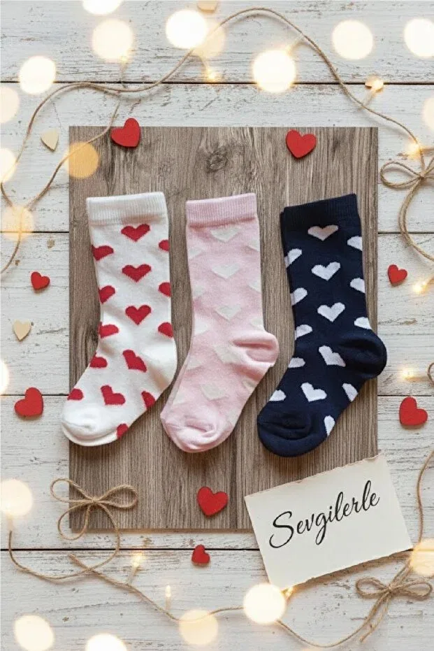 Детские гольфы для девочек с принтом Heart Patterned Panowill Design, Pembe-Ekru-Lacivert