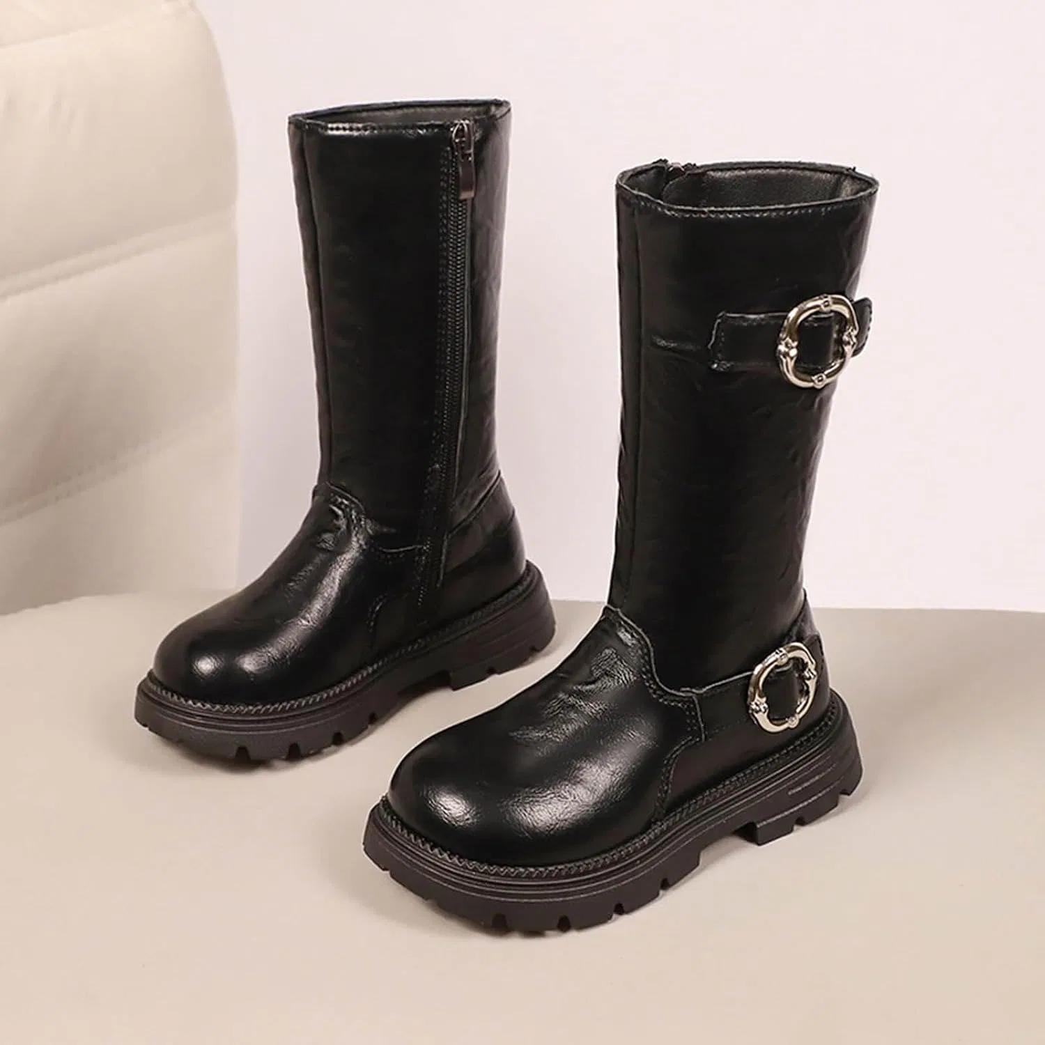 Детские ботинки для девочек с молнией и пряжками, модель Retro Biker Riding Boots, Black — фото 3