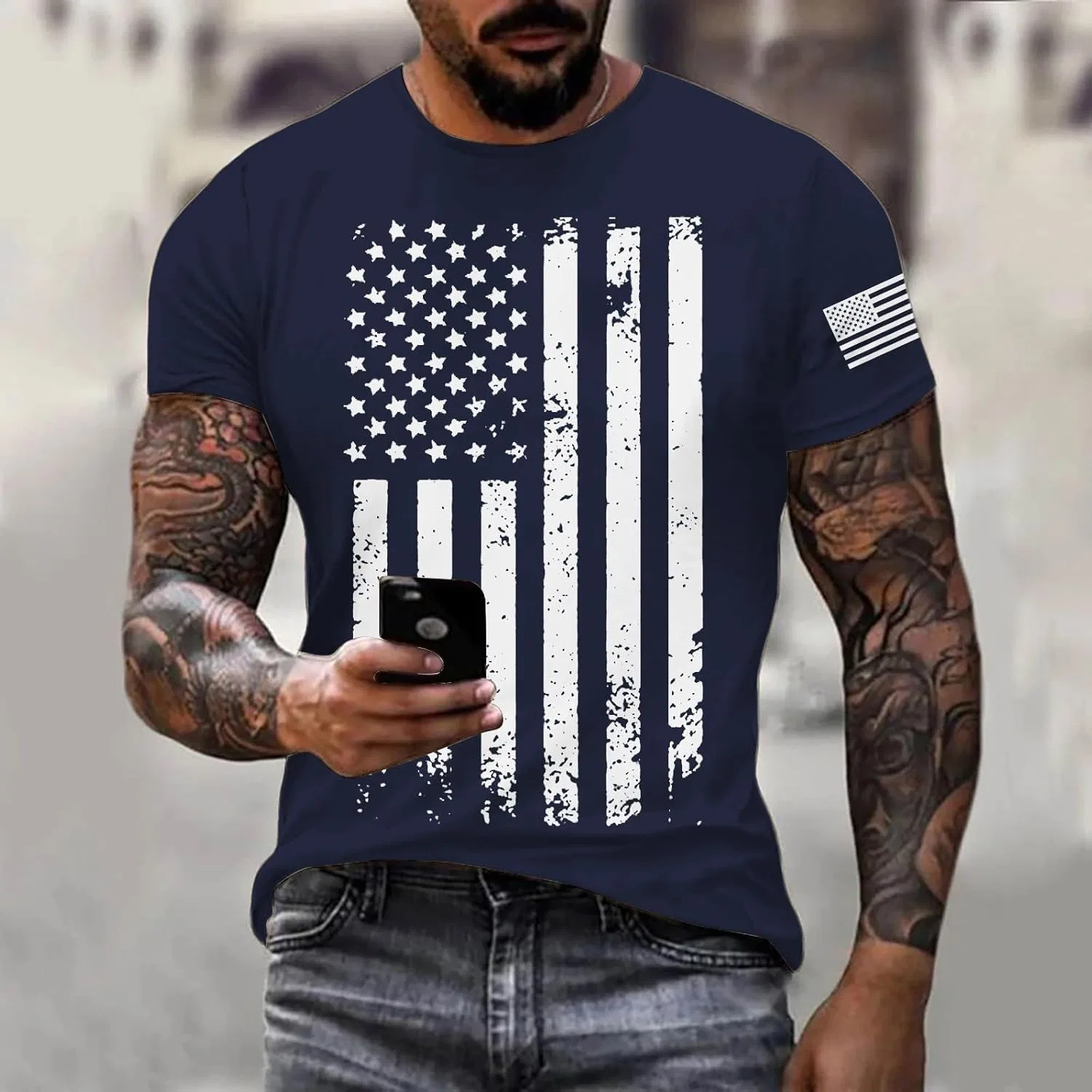 Мужская футболка с принтом American Flag Muscle Shirt, Navy — фото 2