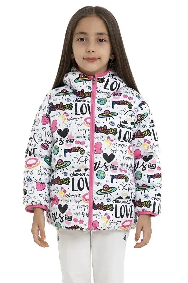 Детское зимнее пальто для девочек с принтом Girl'S Fleece Hooded Girls Written Butterfly Patterned Winter Puffer Coat & Coat & Parka Montland, White-Pink