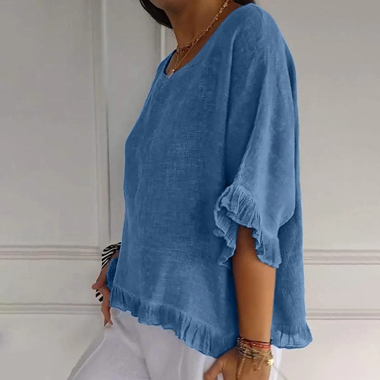 Женская блуза с рюшами Cotton Linen, синий — фото 3