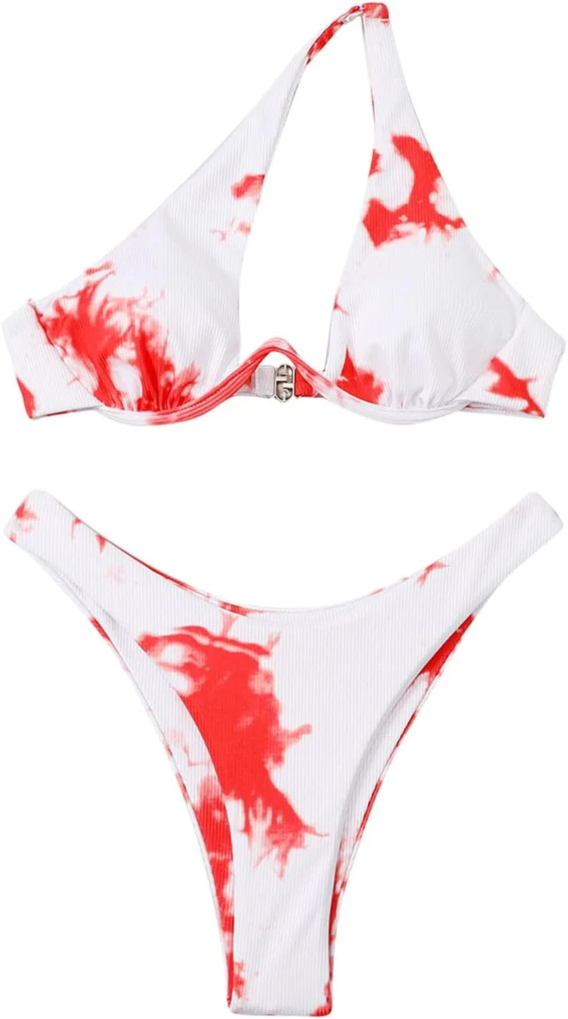 Женский бикини-сет с одним плечом, вырезами, галстуком, тай-дай, Push Up, Underwire, Watermelon Red