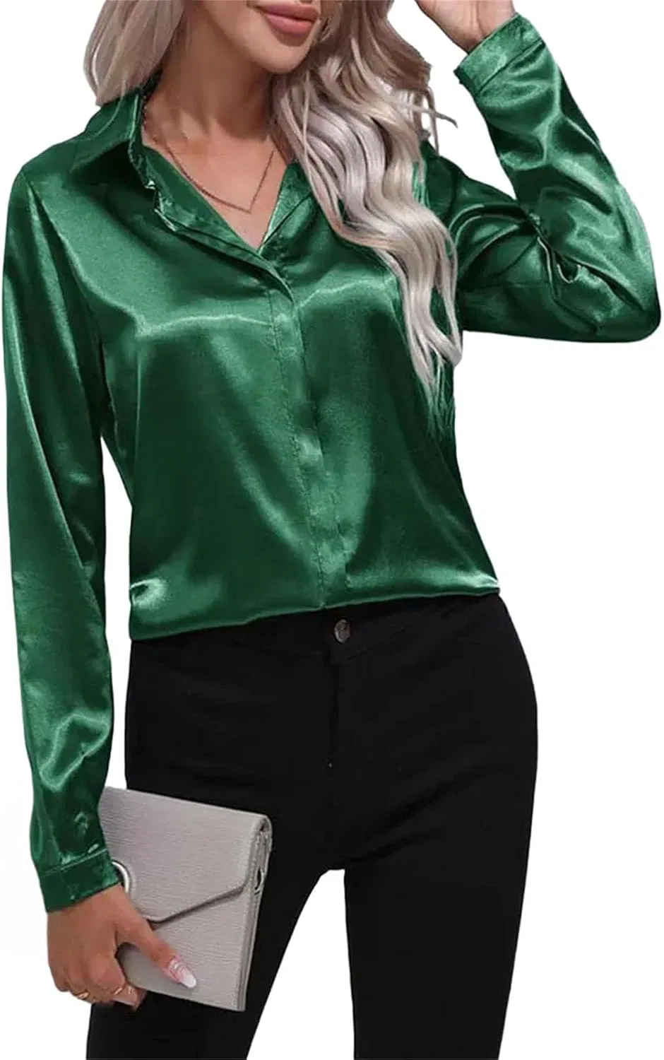 Женская блузка из атласа с длинным рукавом, свободного кроя, Button-Down Shirts