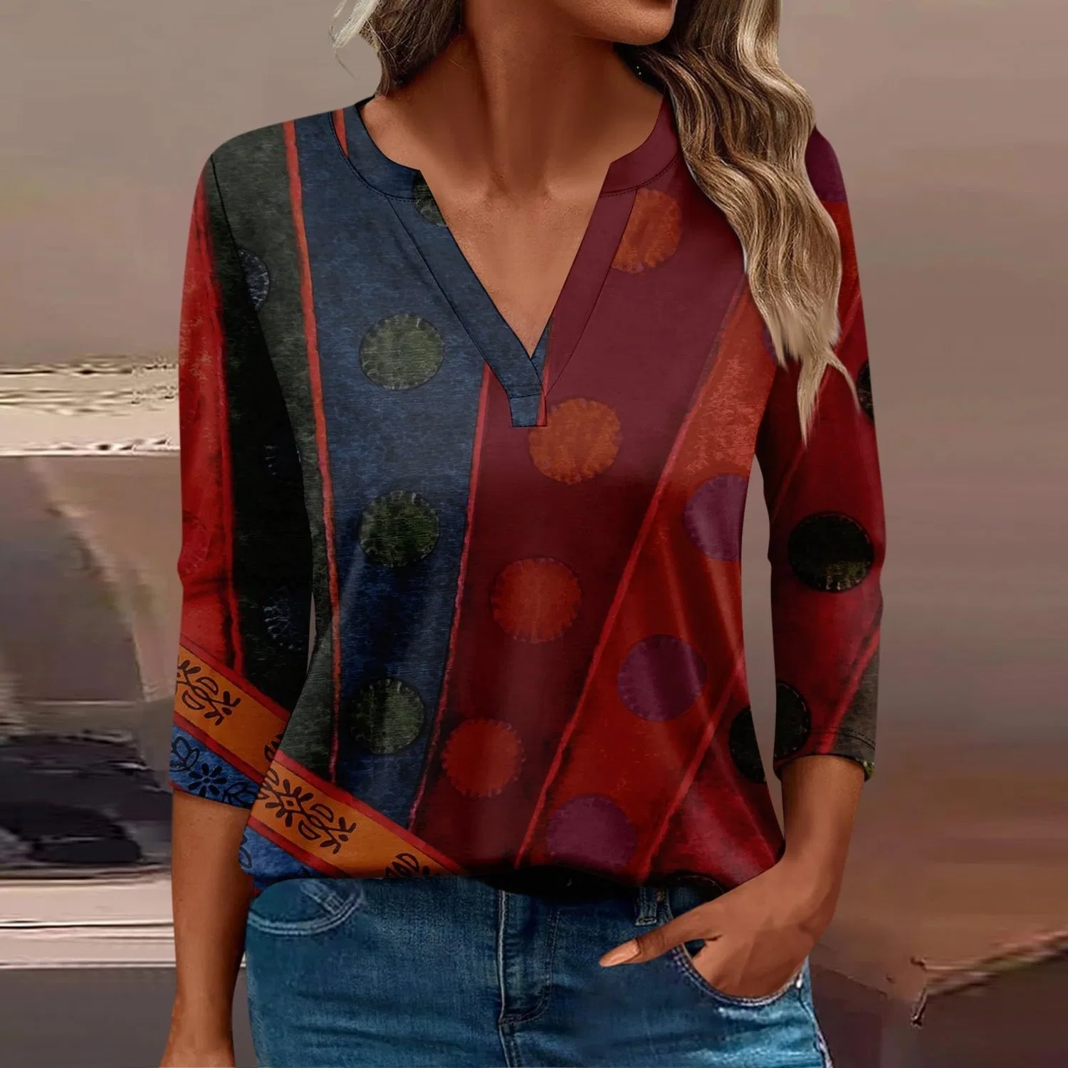 Женская блуза с принтом Women Blouses 3/4 Sleeve V Neck Casual Elegant Summer Boho Floral Print Blouses, 19#vino — фото 2