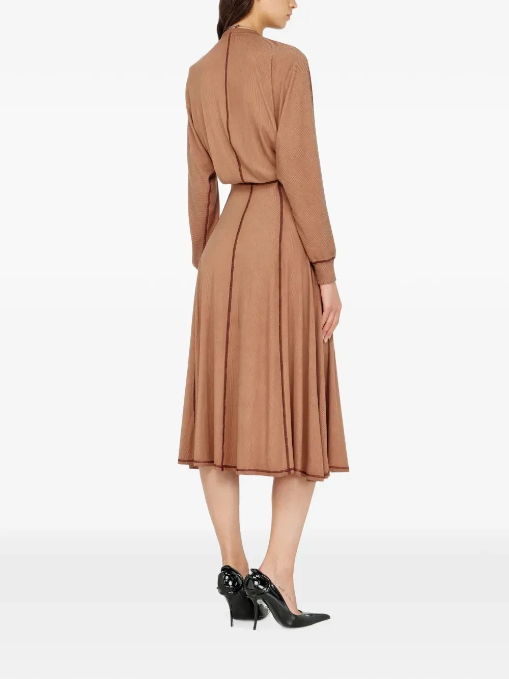Платье миди из трикотажа в рубчик с рукавами «летучая мышь» Diesel, коричневый — фото 3