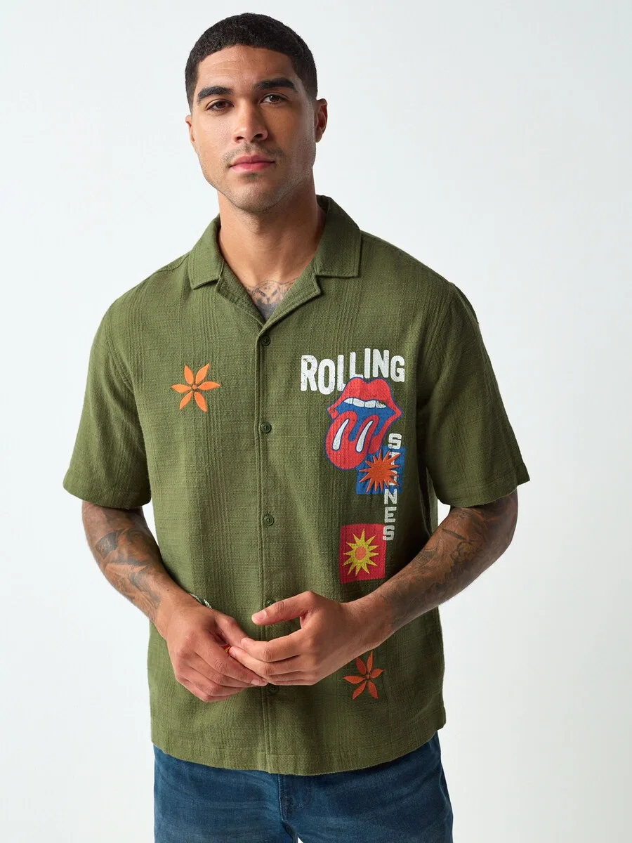 Рубашка Next Comfort fit Button Up Shirt 'Rolling Stones' зеленого цвета — фото 4