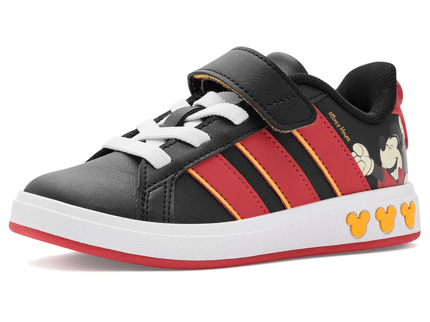 Кроссовки Disney Grand Court Elastic Lace & Strap (для маленьких и больших детей) Adidas Kids, Black/Pure Ruby/Crew Yellow