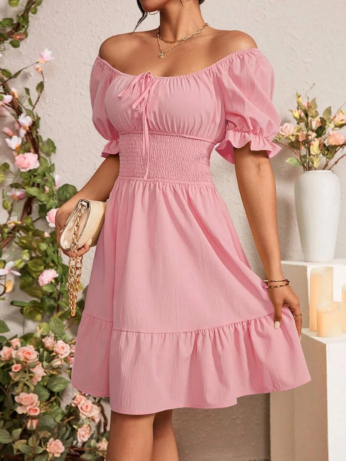 Женское повседневное платье A-силуэта с пышными рукавами, Pink — фото 4