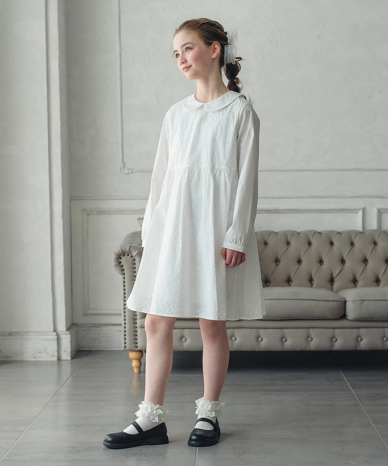 Детское платье для девочек с вышивкой, модель Embroidery Round Collar DRESCCO, White — фото 2