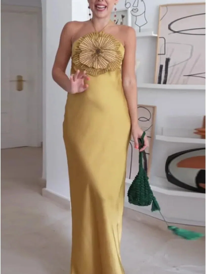 Женское вечернее платье с 3D цветами Halter Long Dress, Yellow — фото 3