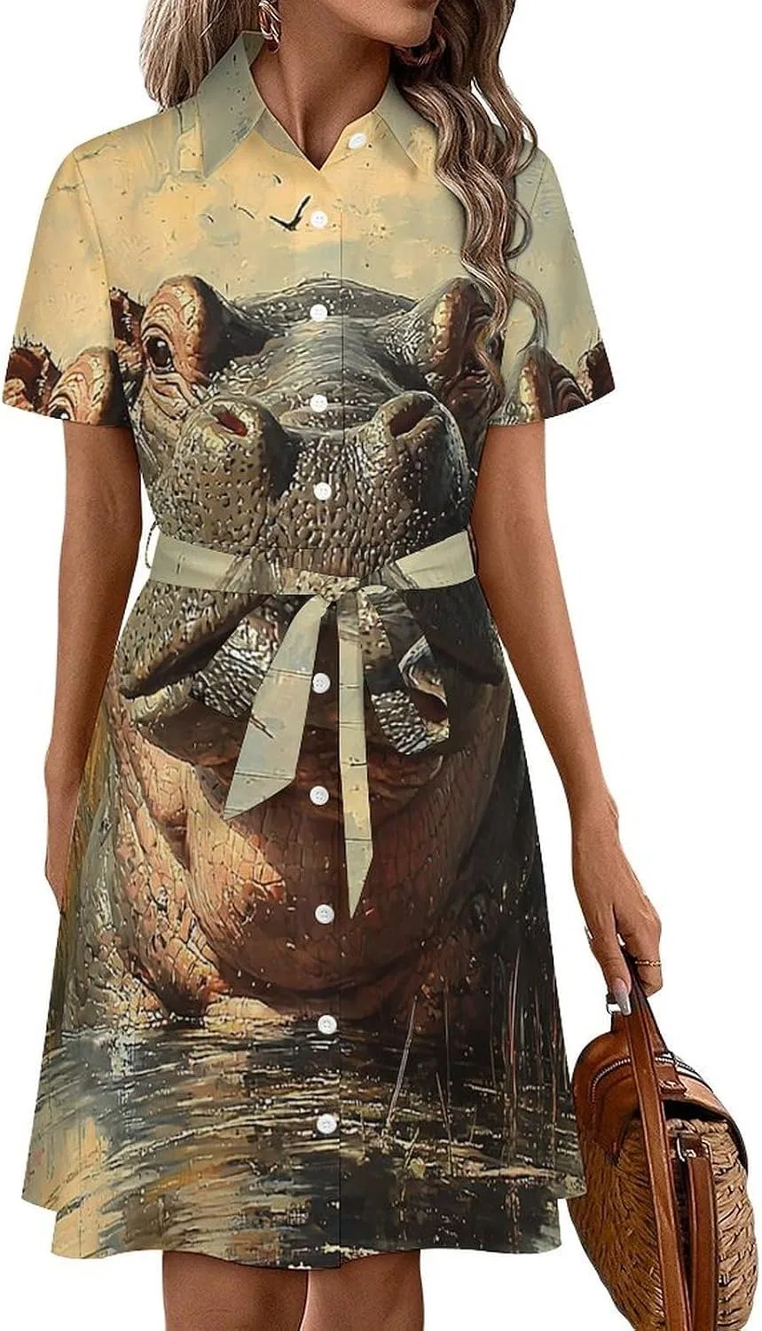 Женское летнее платье-рубашка с поясом Hippo Vintage, White