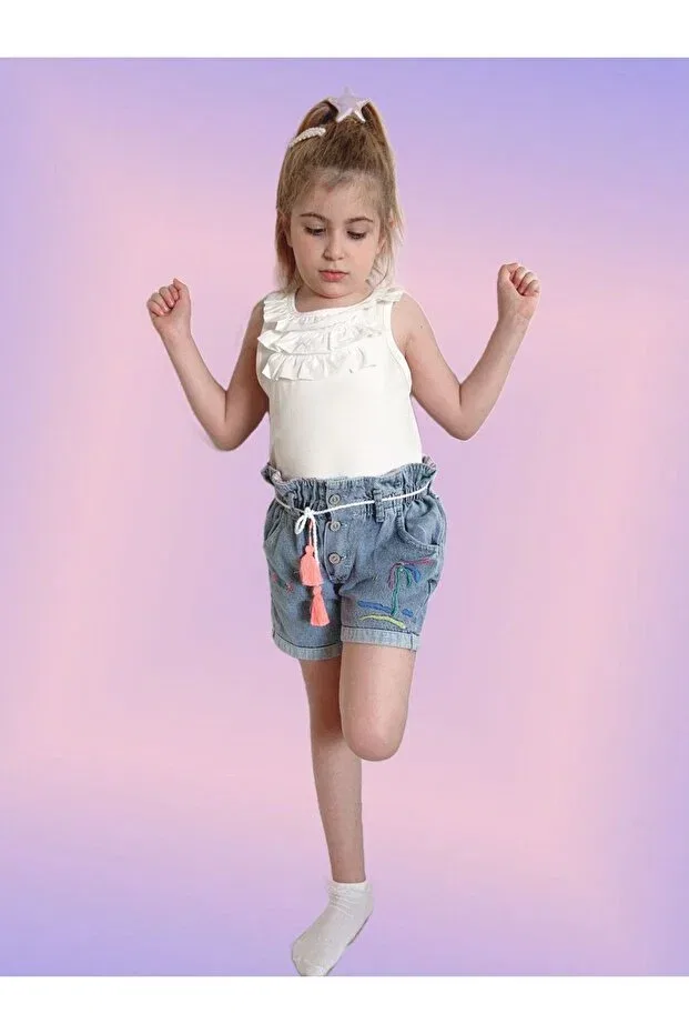 Детские шорты для девочек джинсовые с вышивкой Palm tree embroidered elastic waist Runkli Adams, Blue