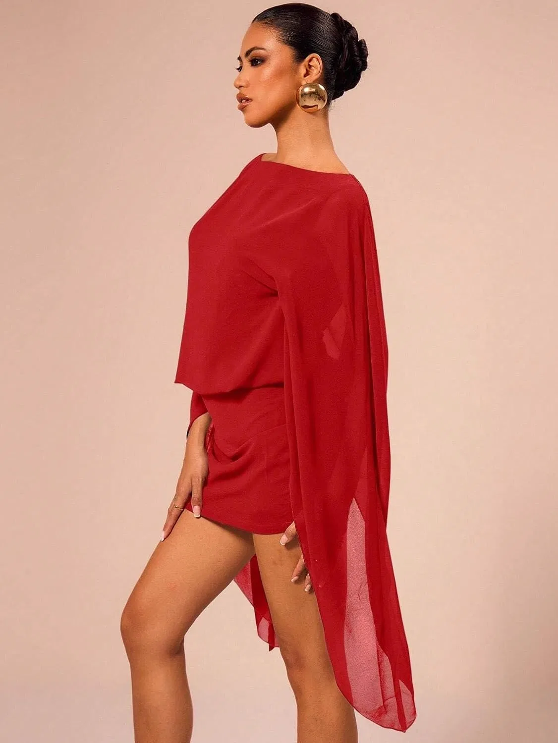 Женское мини-платье с асимметричным вырезом Boat Neck Cloak Sleeve, Red — фото 3