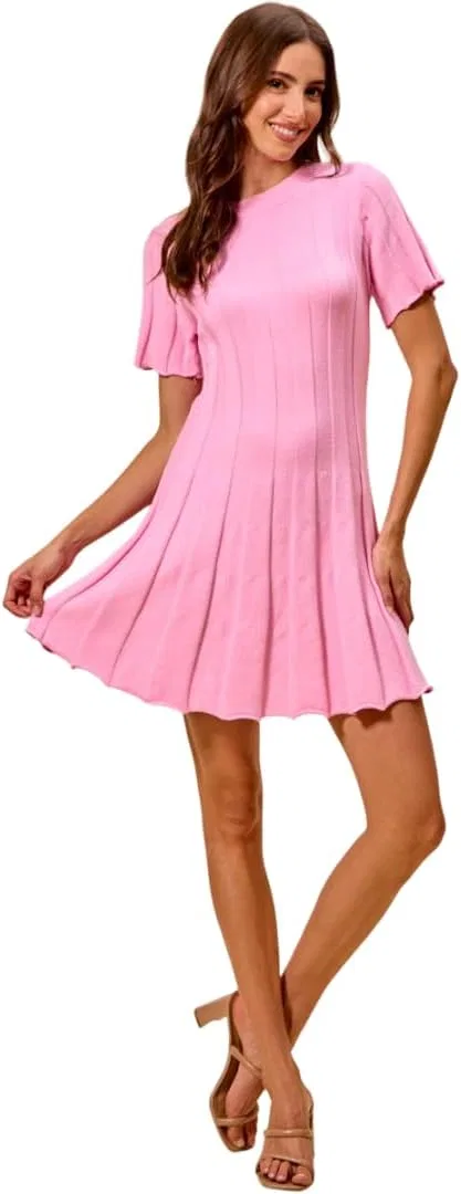 Женское мини-платье из широкой рифленой вязки с коротким рукавом, Pink