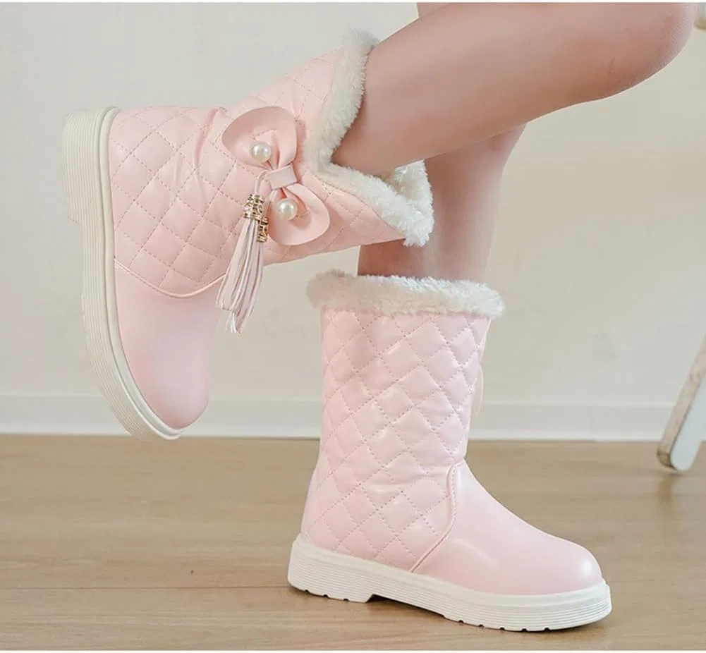 Детские зимние сапоги для девочек с мехом и бантом Auhoho, Pink — фото 4