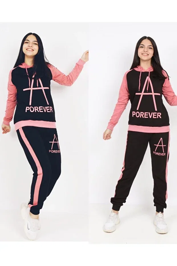 Детский спортивный комплект для девочек с принтом Porewer Detailed Hooded Tuhfe Tower, Black