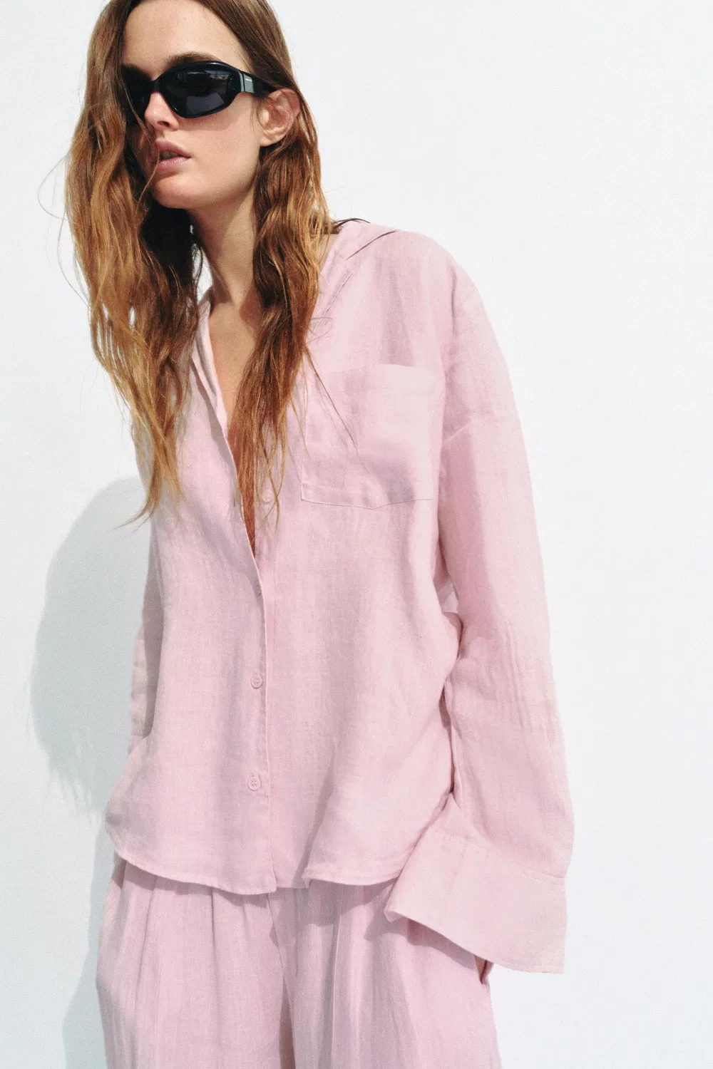 Льняная рубашка с карманом из коллекции ZW. ZARA, Light mauve
