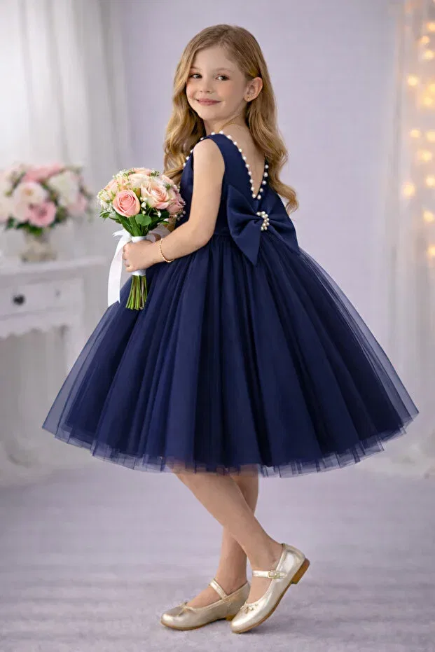 Детское платье для девочек с принтом Violet Model Collar Pearl Girls Dress Satin Top, Fluffy Dream Tulle Special Occasion Dress Suneh, Navy Blue — фото 3